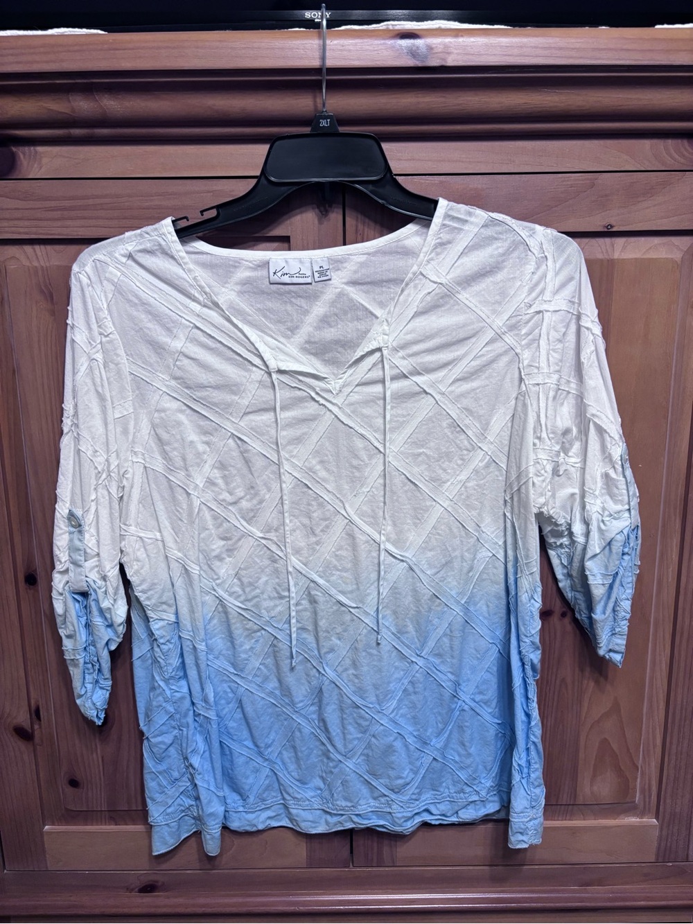Kim Rogers White to Light Blue Ombre V-Neck Tie-Front Tunic